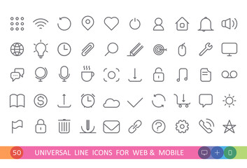 set from 50 flat linear icons for web and mobile