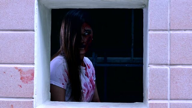 Zombie woman costume and makeup for Halloween Festival. Scary ghost with horror and darkness Scene.