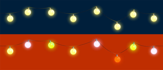2021 Christmas tree decorations for New Year. Seamless repeating set of festive garlands with light bulbs. New Year mood, festive street lighting. Maintains effect on any dark background. Vector