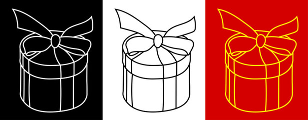 round gift holiday boxes icon with bows on top. Gifts and surprises for new year 2021 and birthday. Black and white vector
