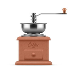 Classic manual coffee grinder. Vintage coffee mill in wooden case. Kitchen utensils or barista equipment realistic vector illustration isolated on white background