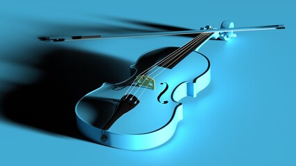 Blue classic violin on pink plate under spot lighting background. 3D sketch design and illustration. 3D high quality rendering. © DRN Studio