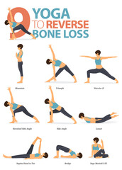 9 Yoga poses to reverse bone loss concept. Women exercising for body stretching. Yoga posture or asana for fitness infographic. Flat cartoon vector.