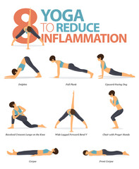8 Yoga poses to reduce inflammation concept. Women exercising for body stretching. Yoga posture or asana for fitness infographic. Flat cartoon vector.