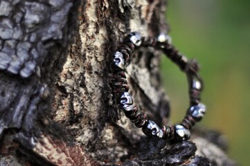 Braided paracord bracelet with skulls on an ancient tree