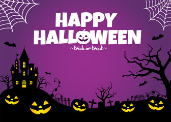 Halloween silhouette background vector illustration. Poster (flyer) template design / purple
