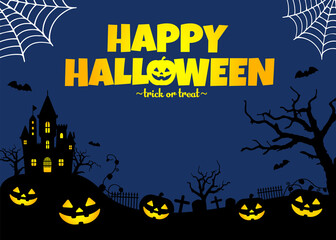 Halloween silhouette background vector illustration. Poster (flyer) template design / Blue