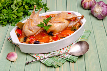 Stewed poultry with vegetables and beans