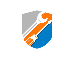 Wrench and screwdriver repair inside the shield logo