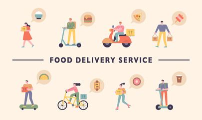 People are going to deliver or package food in a variety of ways. flat design style minimal vector illustration.