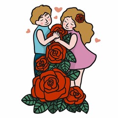 Man and woman hug big roses cartoon vector illustration