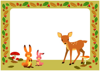 秋イメージの子鹿とウサギのフレーム

