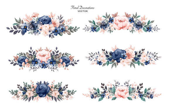 Set of watercolor floral frame bouquets of navy and peach roses and leaves. Botanic decoration illustration for wedding card, fabric, and logo composition