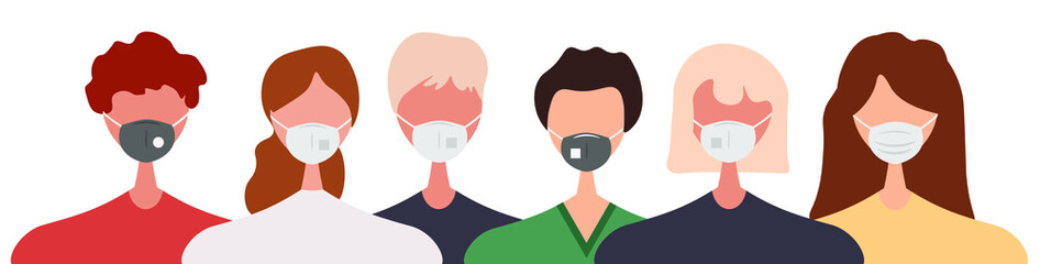 Different people wearing face masks isolated on white background. Man and women in respirators. Protection from coronavirus outbreak, pandemic prevention. Vector illustration in flat cartoon style