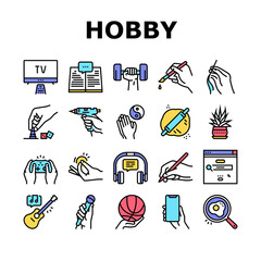 Hobby Leisure Time Collection Icons Set Vector. Watching Tv And Playing Video Game, Play On Guitar And Reading, Singing And Cooking Color Contour Illustrations