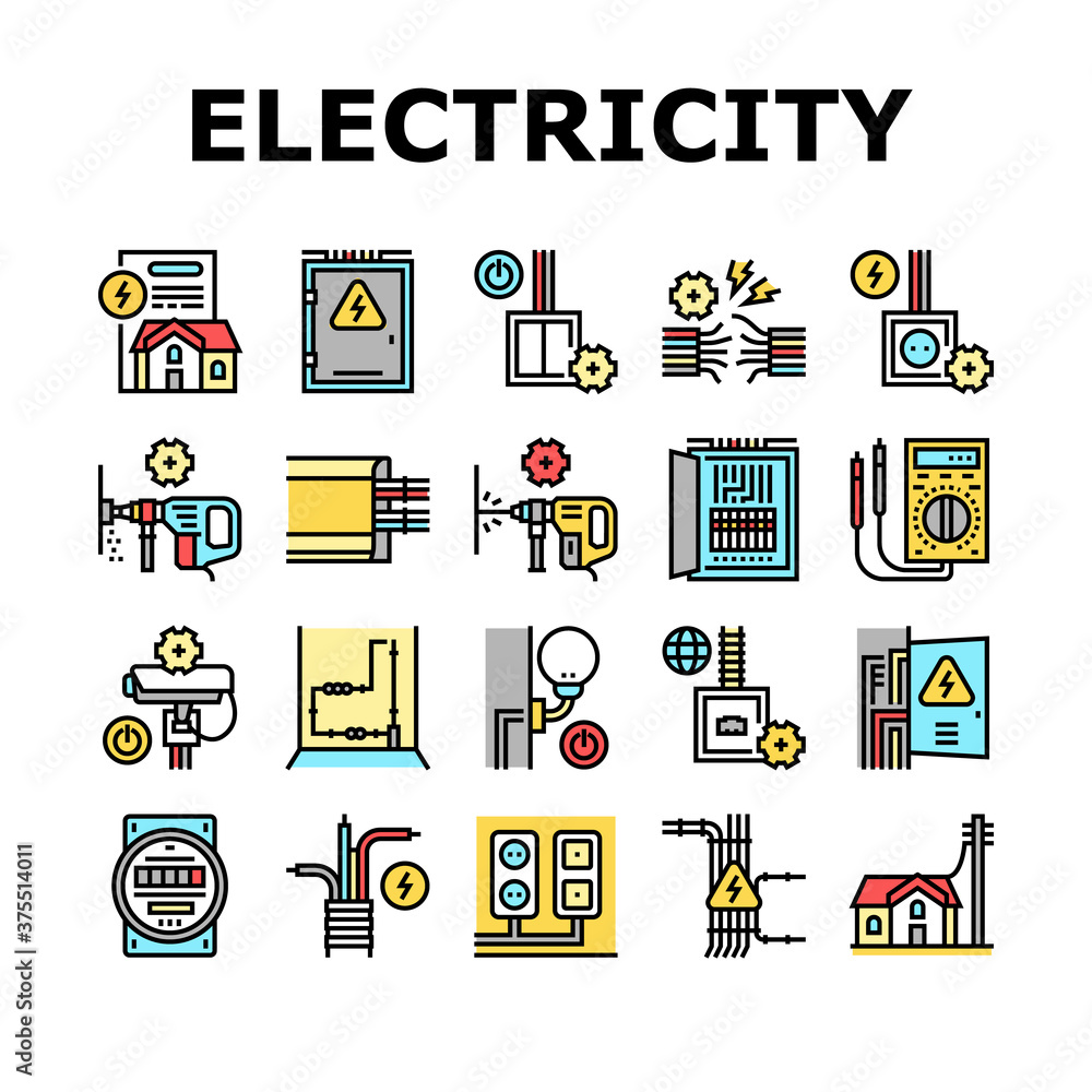 Poster electrical installation tool icons set vector. socket and substation automation box installation, wa