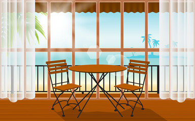 wood table and chair in indoor cafe and restaurant with the beach background
