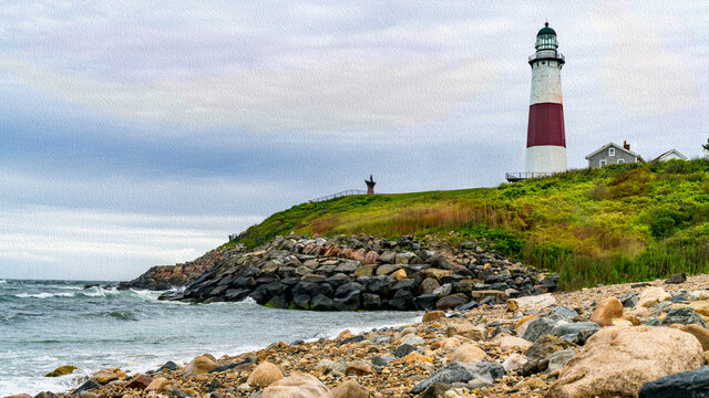 Montauk Point, Long Island, New York, USA. Lighthouse. Imitation of a picture. Oil paint. Illustration.