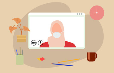 Young human character using a video call interface, remote online meeting, social distancing, working from home vector design