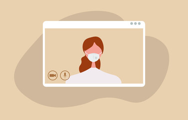 Young human character using a video call interface, remote online meeting, social distancing, working from home vector design