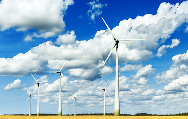 Wind turbines field for electric power generation. Green energy generate from wind
