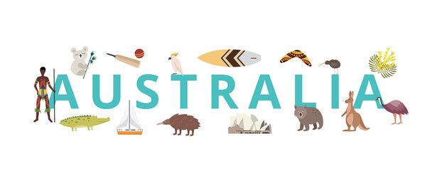 Travel to Australia banner with landmarks and native signs vector illustration.