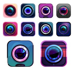 Photo and video camera icons, isolated vector photographer equipment graphic design elements, digital signs, buttons with lens flare. Label or emblems for web content, snapshot, photocamera symbol set