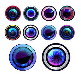 Camera lens isolated vector icons, 3d photo lenses aperture, cameras shutter focus, digital or film lens photocamera snap optics. Realistic objectives with flare, zoom symbols or ui round buttons set