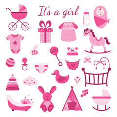 It is a girl - pink baby toys set. Gender reveal party poster