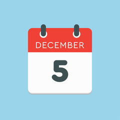 Calendar icon day 5 December, template icon day