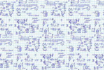 Classic physics seamless pattern with the equations, figures, schemes, plots and other calculations on workbook page. Vintage handwritten vector Illustration.