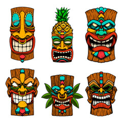 Сет of Illustrations of Tiki tribal wooden mask. Design element for logo, emblem, sign, poster, card, banner. Vector illustration © liubov