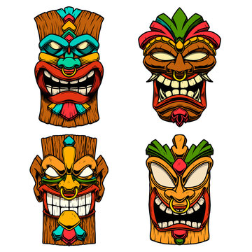 Сет of Illustrations of Tiki tribal wooden mask. Design element for logo, emblem, sign, poster, card, banner. Vector illustration