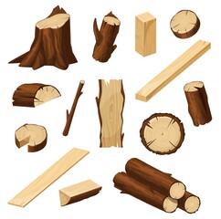 Timber vector set with wood logs, chopped tree trunks, stump with bark and firewood pile, lumber cuts of plank, board and beam, log slices and branch sticks. Cartoon woodwork, timbering and carpentry