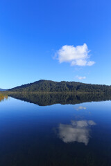 Calm mirror lake in the morning with mountain background in New Zealand.