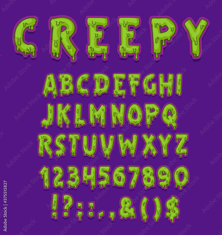 Fototapete creepy halloween font of vector green slime type with capital letters and digits or numbers. horror 