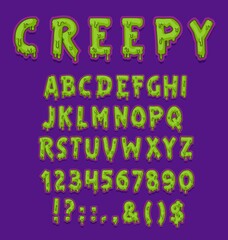 Creepy Halloween font of vector green slime type with capital letters and digits or numbers. Horror alphabet of spooky zombie monster or alien toxic goo with slimy drops and radioactive glow