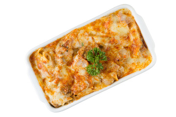 Baked anelletti pasta on isolated white background, die-cut included clipping path