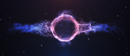 Futuristic space particles wave explosion round circle energy structure. Space orb VFX 3D illustration. Abstract colorful lights black background. Bright glowing purple pink blue particle explosion. © Motionic Studio