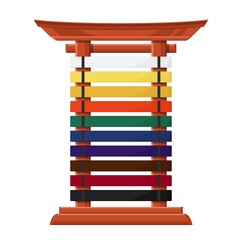 Rack for karate belts isolated vector wooden stand in asian style with multicolored crossbars. Accessory for martial kenpo arts class. Stand for hanging kimono belts, aikido, juijitsu, karate combat © Buch&Bee