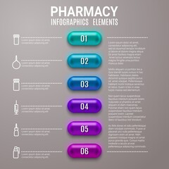 Pharmacy vector infographics aid of step chart with 3d pills or capsules. Healthcare medical graph with syringe, squirt, drug bottles and tubes linear icons. Health, medicine, science research design