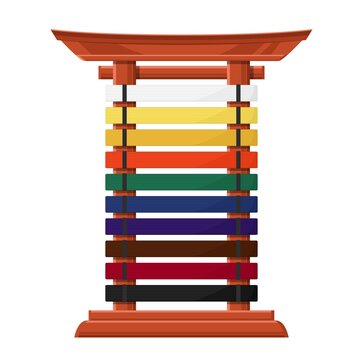 Rack for karate belts isolated vector wooden stand in asian style with multicolored crossbars. Accessory for martial kenpo arts class. Stand for hanging kimono belts, aikido, juijitsu, karate combat