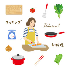 料理をする女性と調理道具セット