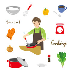 料理をする男性と調理道具セット