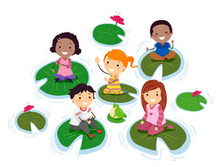 Stickman Kids Pond Sit Lily Pads Frog Illustration