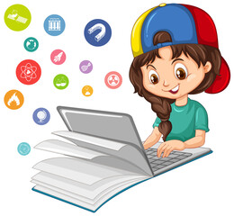 Girl searching on laptop with education icon isolated