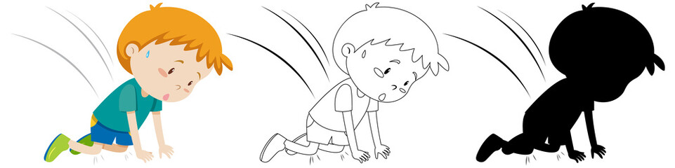 Boy accident fall down on the fall in colour and silhouette and outline