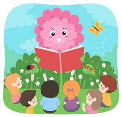 Kids Flower Mascot Read Book Garden Illustration