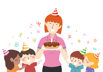 Kids Girl Teacher Birthday Cake Illustration