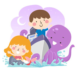 Kids Cruise Ship Mermaid Octopus Illustration
